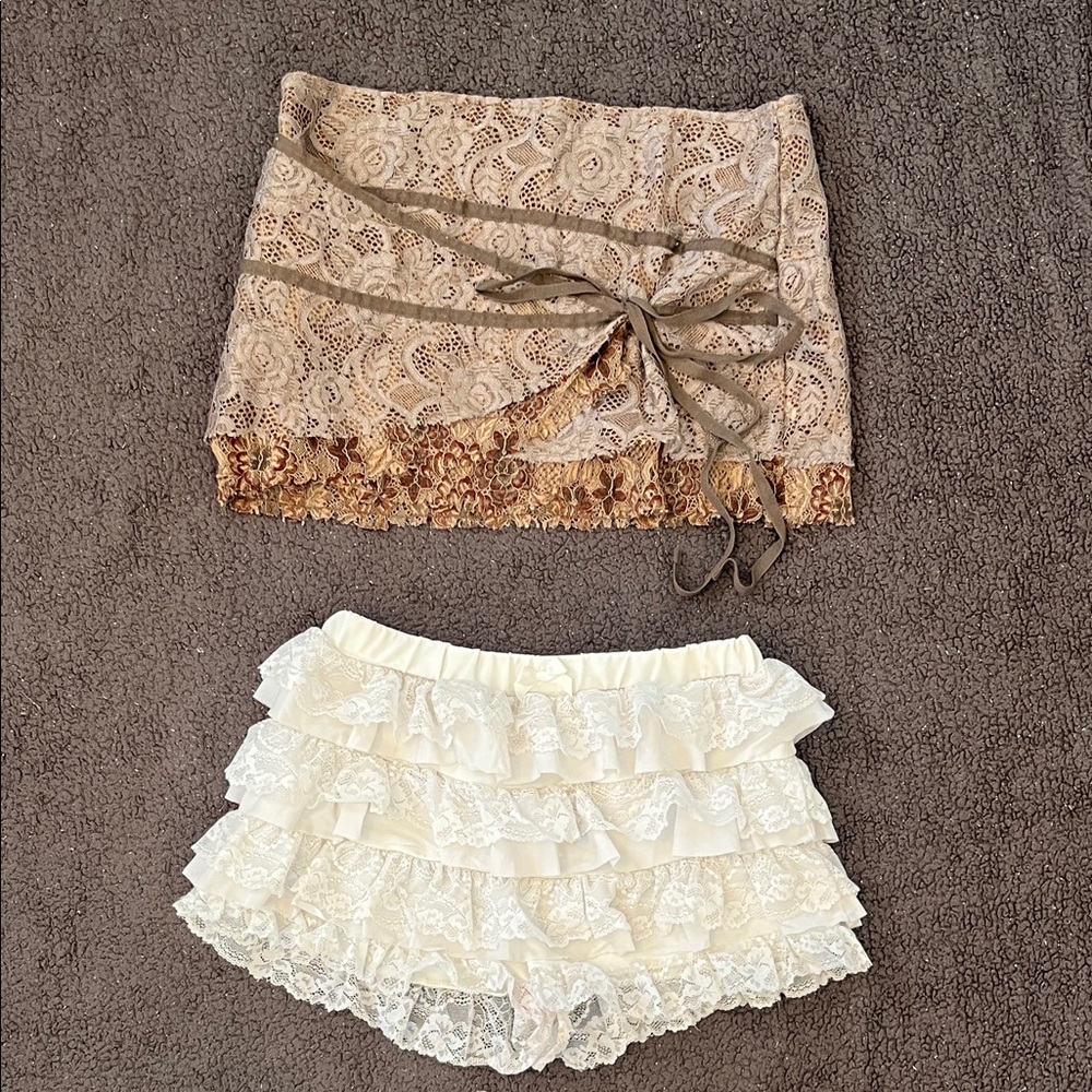 Brown Lace Mini Skirt and White Ruffle Booty Shorty Shorts Set Mini - Stretchy